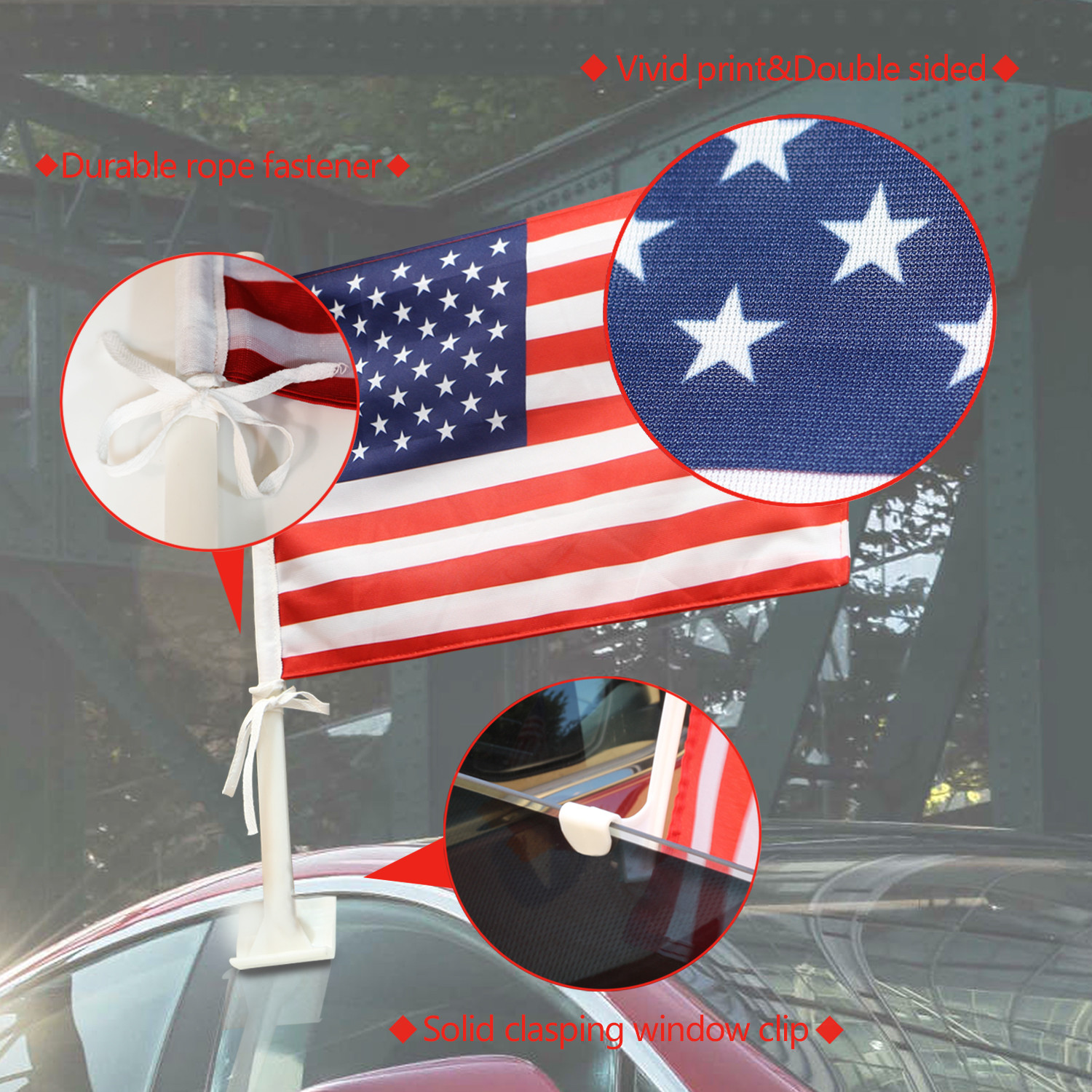 USA AMERICAN CAR FLAG 11"X 14.25" WITH CLIP-ON PLASTIC POLE 