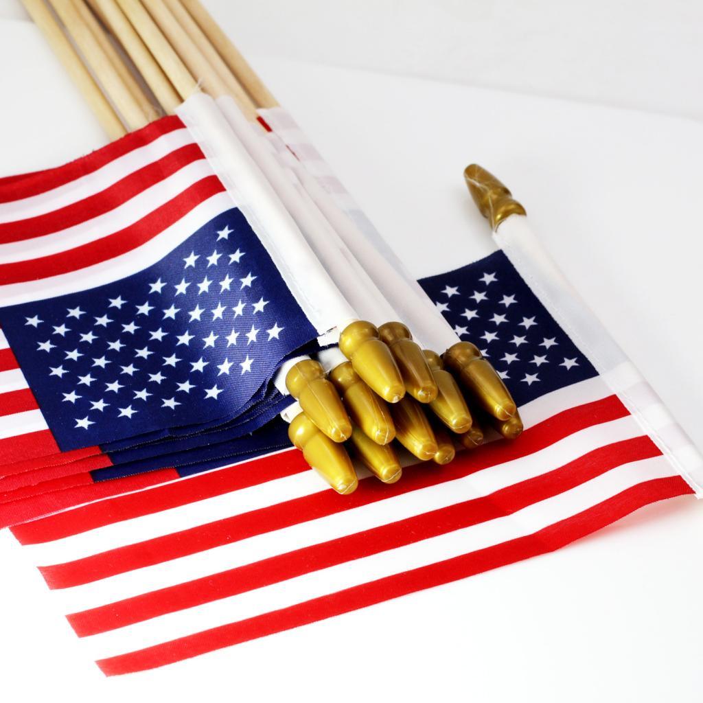 6 x 4 Small Cloth American Flags on Wooden Sticks - 12 Pc