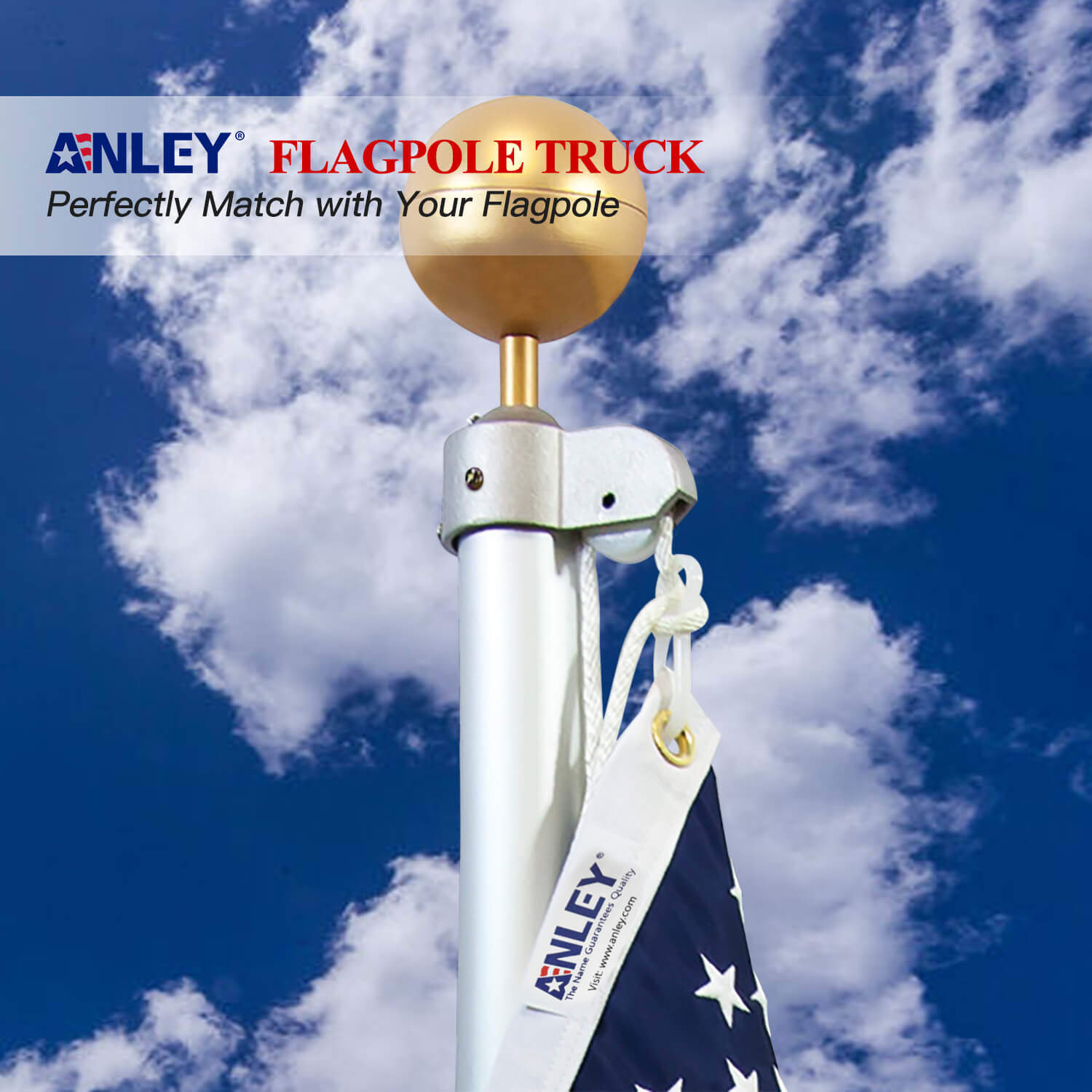 Authentic FlagPole Truck with Nylon Pulley & Gold Ball Topper - Anley Flags
