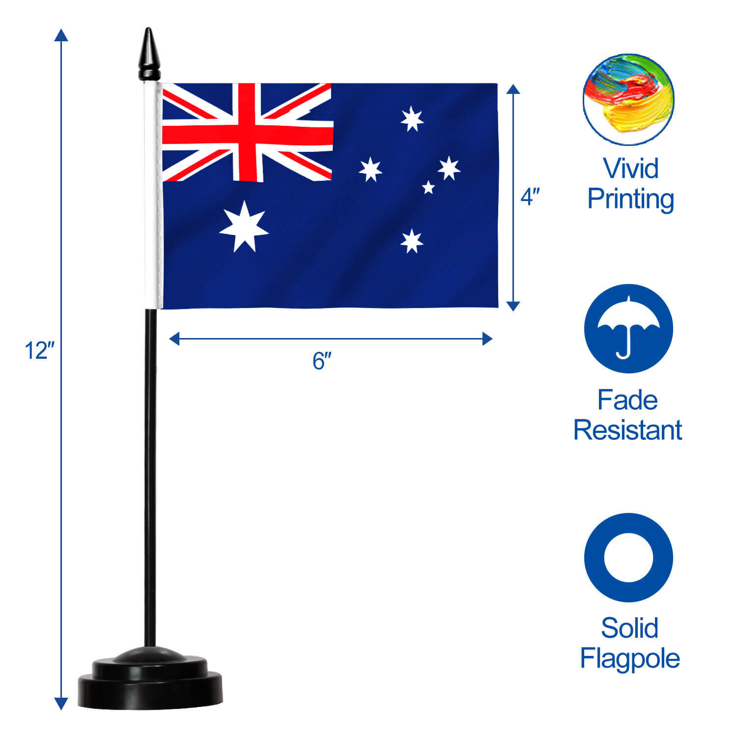 Anley Australia Deluxe Desk Flag Set 6 X 4 Inch Miniature Australian Desktop Flag With 12 Solid Pole Vivid Color And Fade Resistant Black Base And Spear Top Flags Carmen Line Office Products
