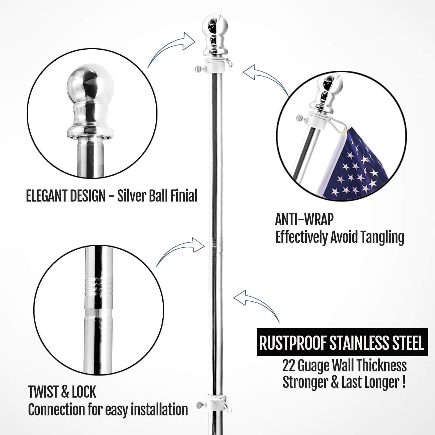 thumbnail image 2 of 6ft Spinning Flag Pole – Silver Aluminum, Tangle-Free Design, Wall Mounted 2 of 6