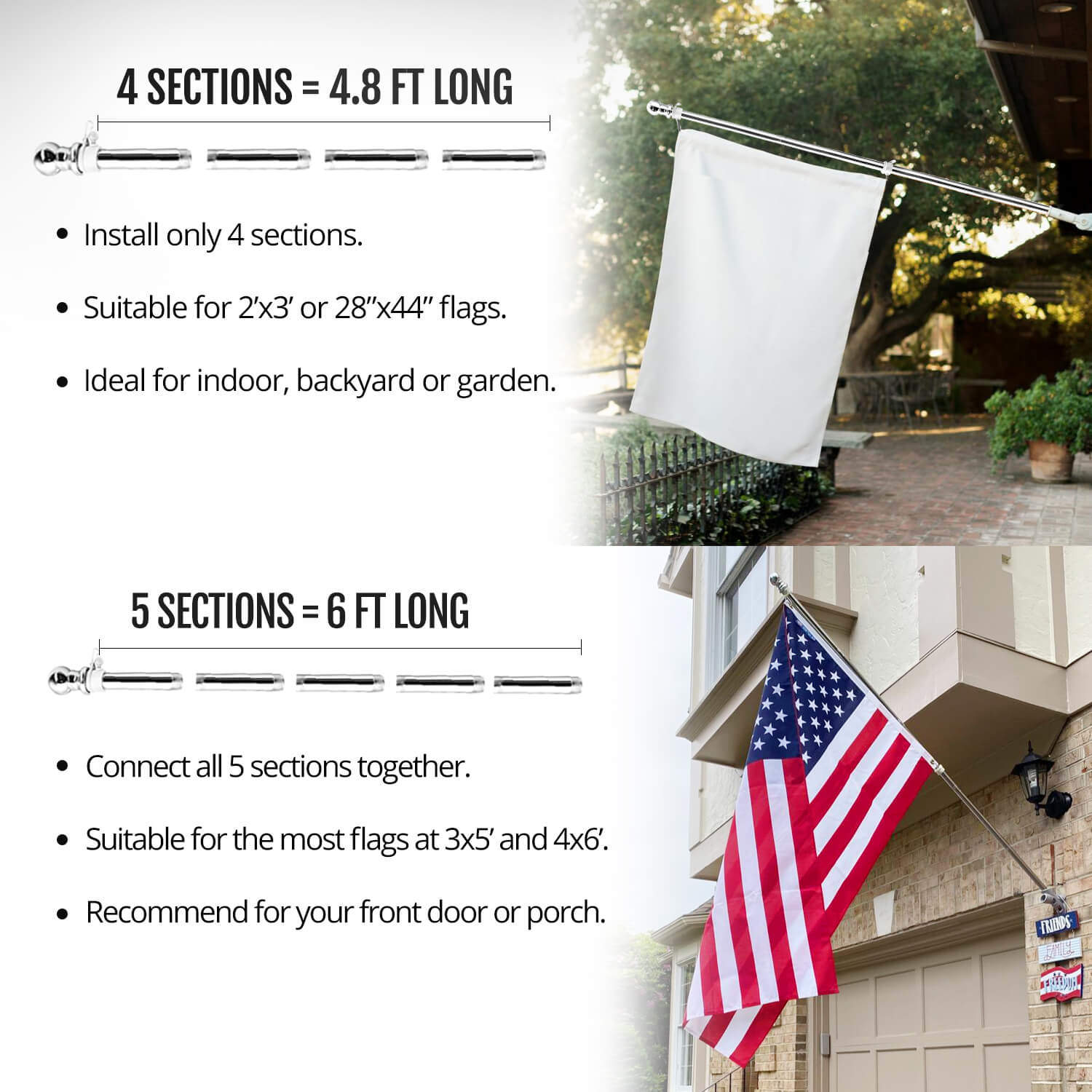 Pole with Silver Bracket 5 FT Stainless Steel Tangle Free Spinning FlagPole with Wall-Mount Bracket for House Garden Yard,Residential/Commercial Flag Pole HeroShow Flag Pole Kit 