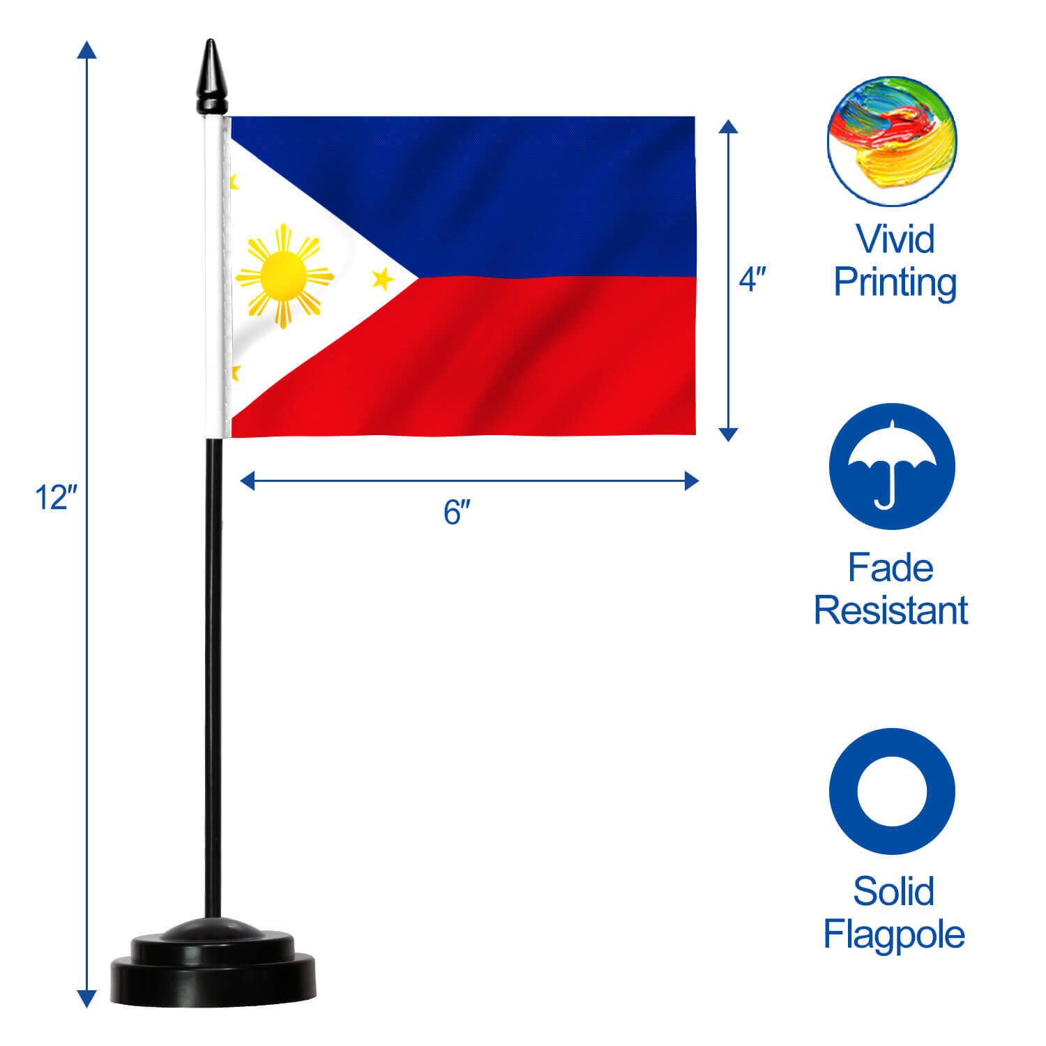 Philippines 4x6 Inch Desk Flag, Table Stick With Sewn Edges, 100D Polyester