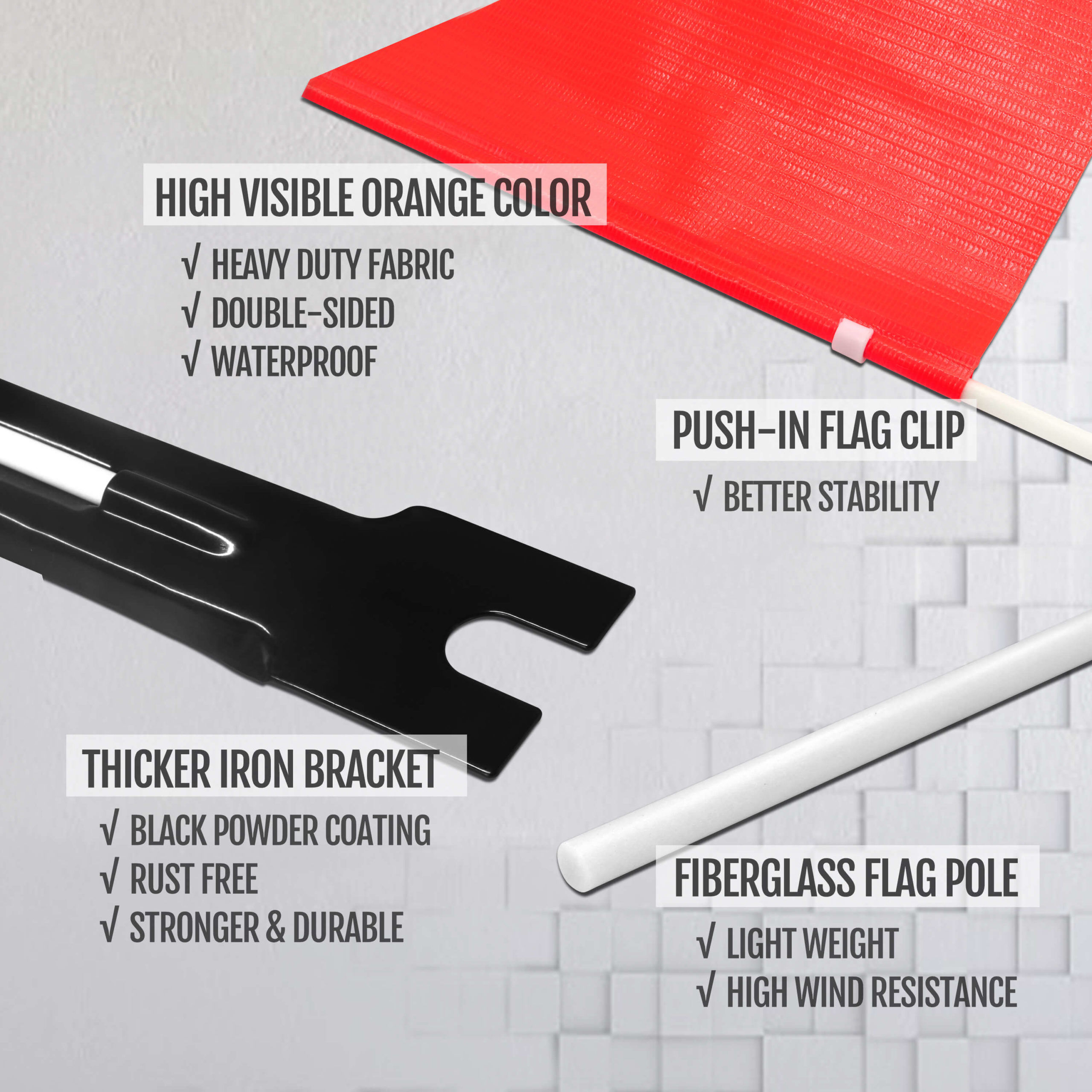 6Ft Bike Safety Flag with Fiberglass Pole & Mounting Bracket (Orange