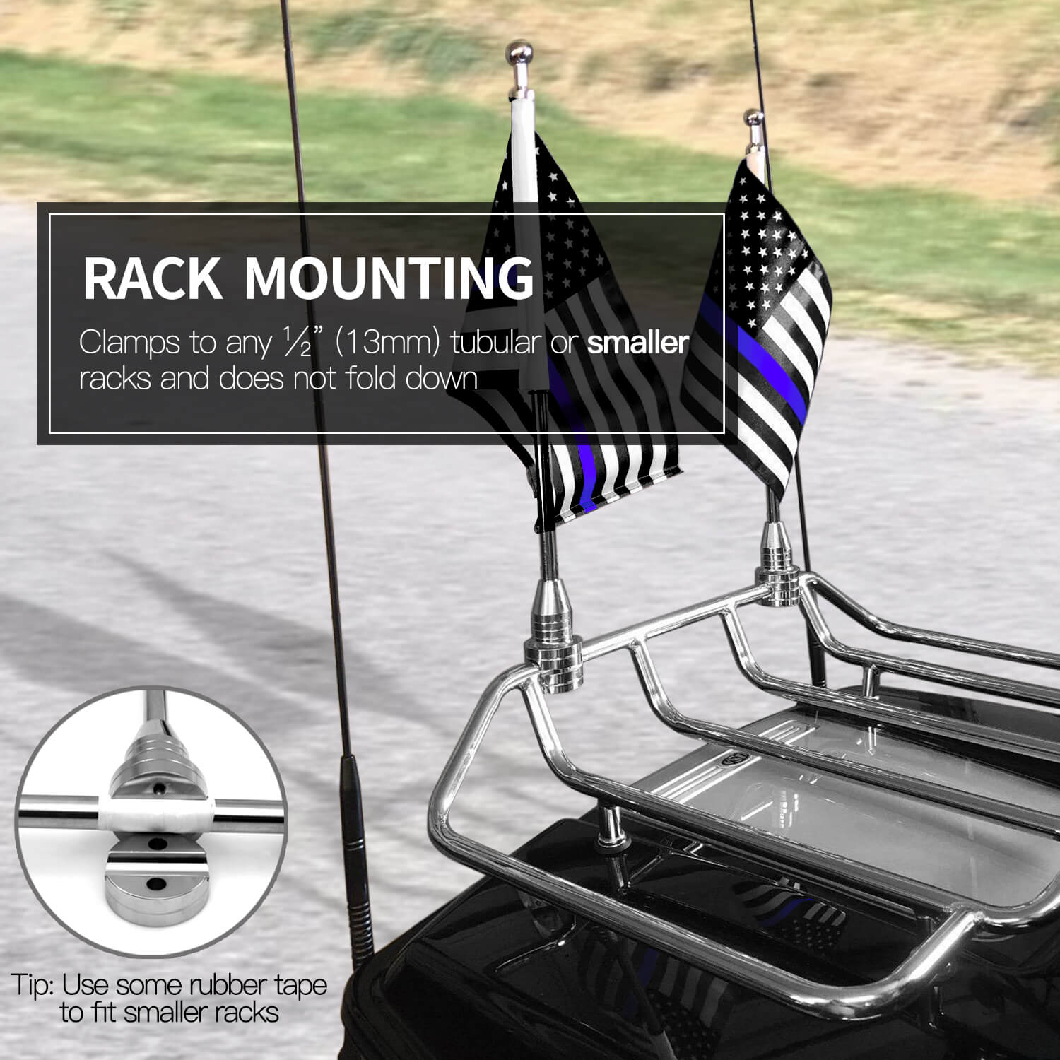 Anley Motorcycle Flagpole Mount and Thin Blue Line American Flag 7" x