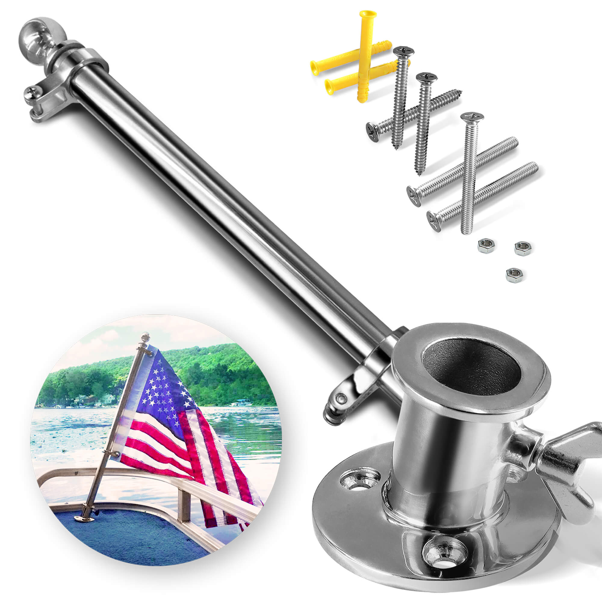 Prairie Metal Rail Mounted Flag Pole Stainless Steel Flagpole for Marine Boat Truck RV Fit Rail 7/8 ~ 1-1/4 