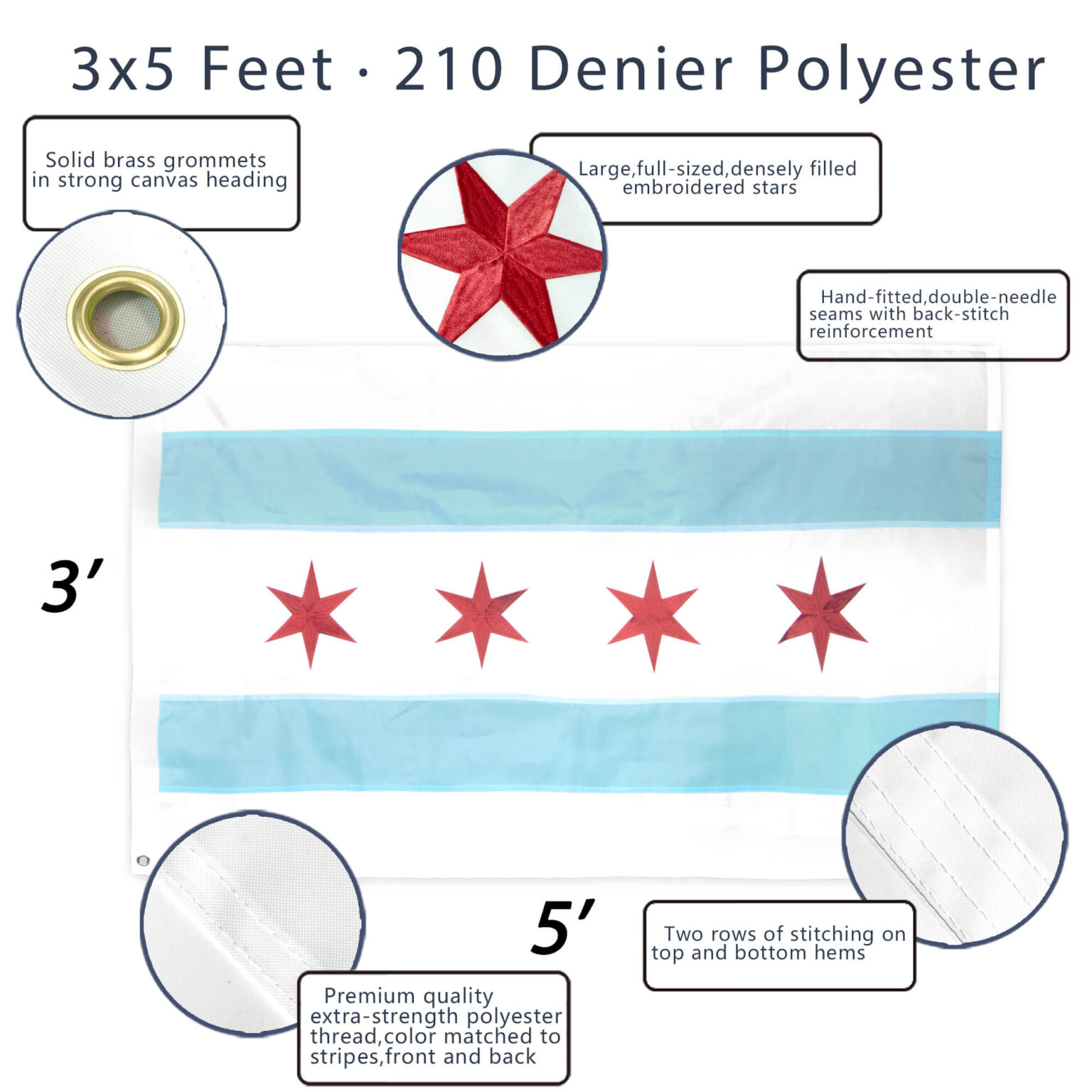 EverStrong Embroidered City of Chicago Flag 3x5 Foot